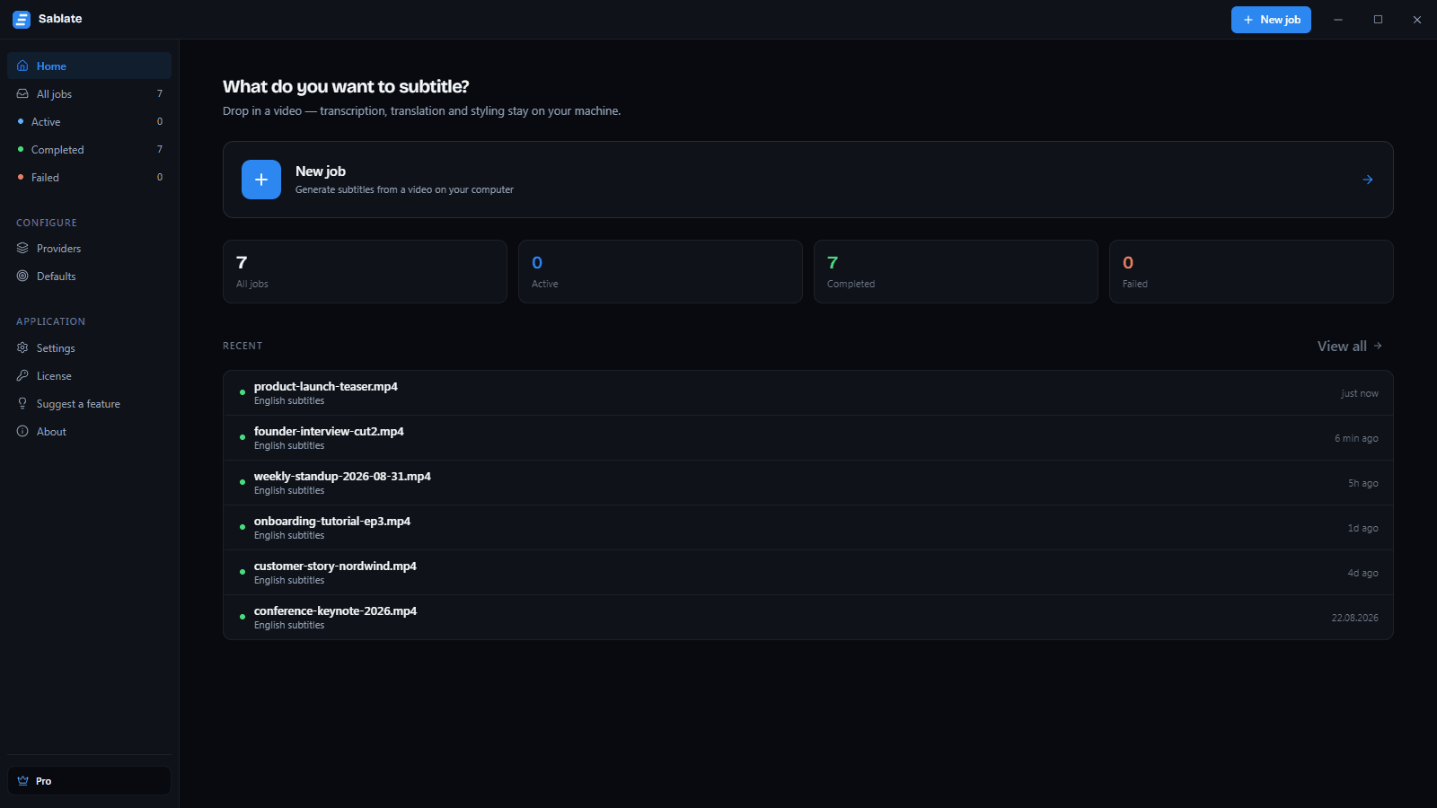 Sablate desktop app generating, editing and exporting subtitles locally