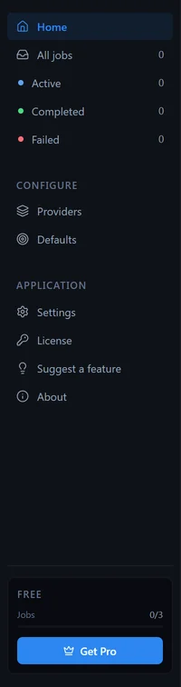 La barre latérale de Sablate avec les filtres de tâches et les sections de configuration et d'application