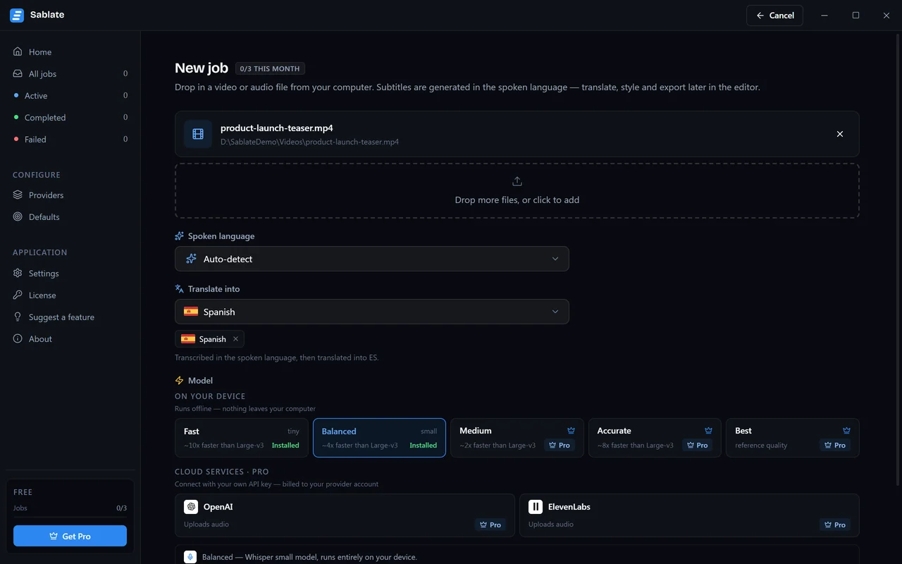 L'écran New job avec une vidéo sélectionnée, montrant les réglages de langue, de traduction et de modèle