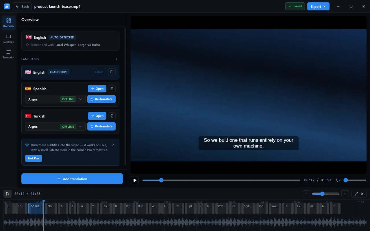 L'éditeur de Sablate avec la barre de modes, le panneau contextuel, l'aperçu vidéo et la timeline