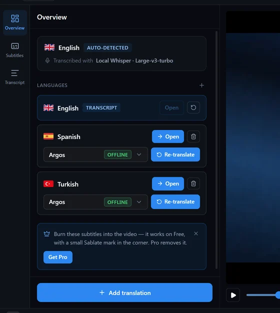 Le panneau Overview listant la transcription source et ses couches de traduction