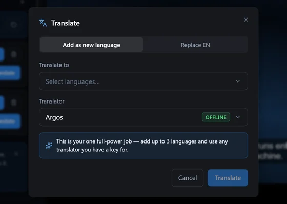 La boîte de dialogue d'ajout de traduction, avec la liste des langues et le choix du traducteur