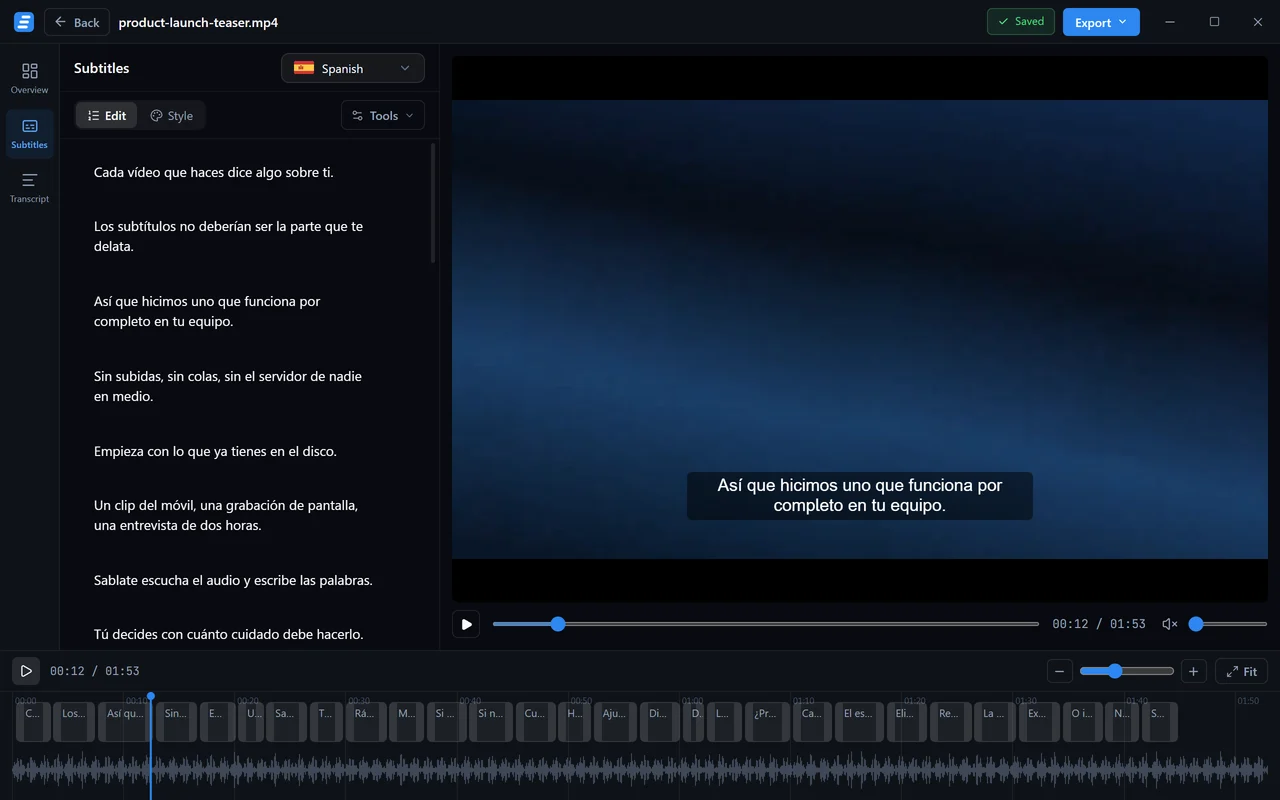 L'éditeur de sous-titres montrant la couche espagnole d'une tâche, avec les sous-titres espagnols sur la vidéo