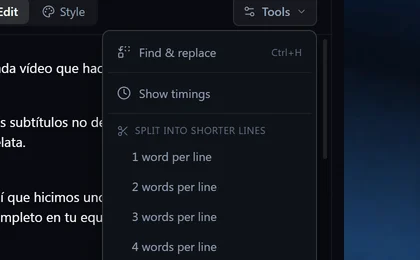 Le menu Tools dans l'éditeur de sous-titres, avec les options de découpage des lignes et d'import