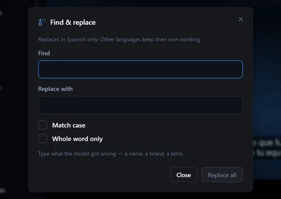 La boîte de dialogue de recherche et remplacement, avec les options de respect de la casse et de mot entier