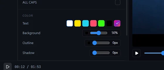 La section couleur du panneau de style, avec les contrôles de texte, d'arrière-plan et de contour