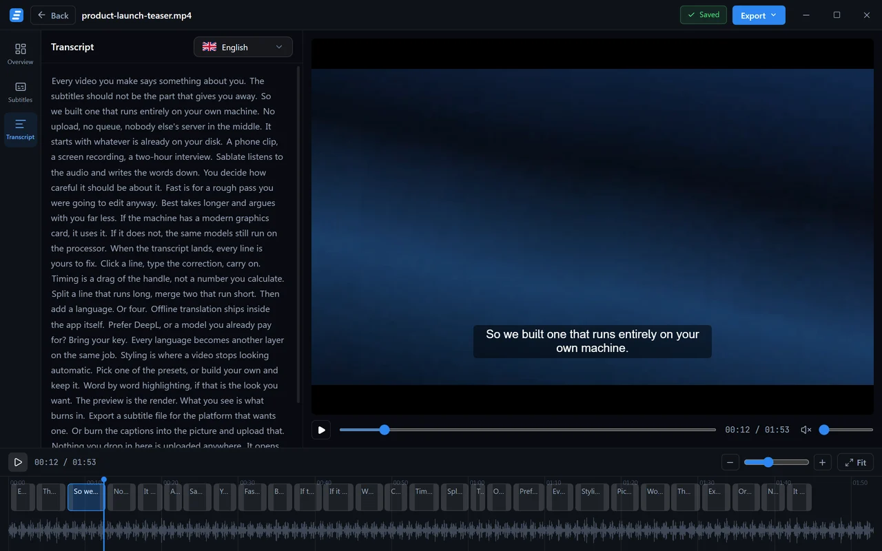 L'éditeur en mode transcription, montrant les sous-titres en prose continue