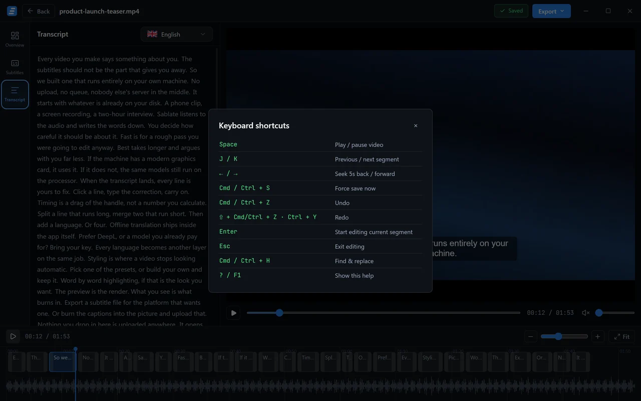 La surcouche des raccourcis clavier dans l'éditeur de Sablate