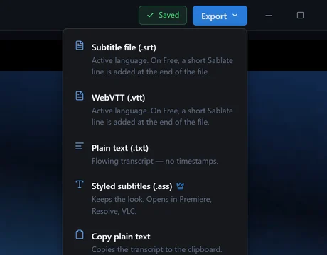 Le menu d'export listant les formats de sous-titres et les options vidéo