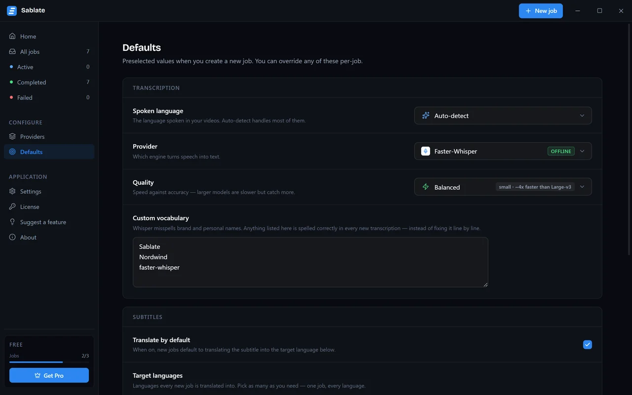 La page Defaults avec les réglages de transcription, de sous-titres et de comportement
