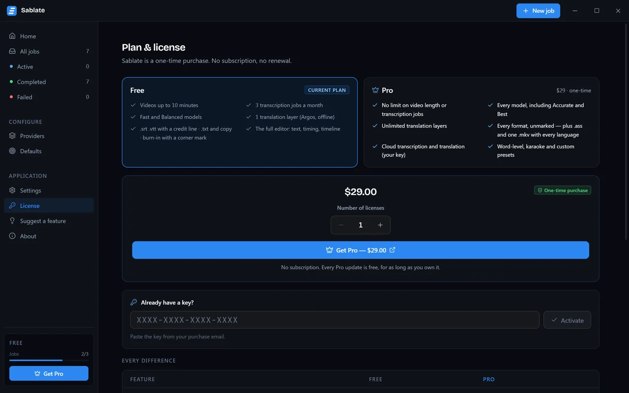 La page de la formule sur Free, comparant Free et Pro