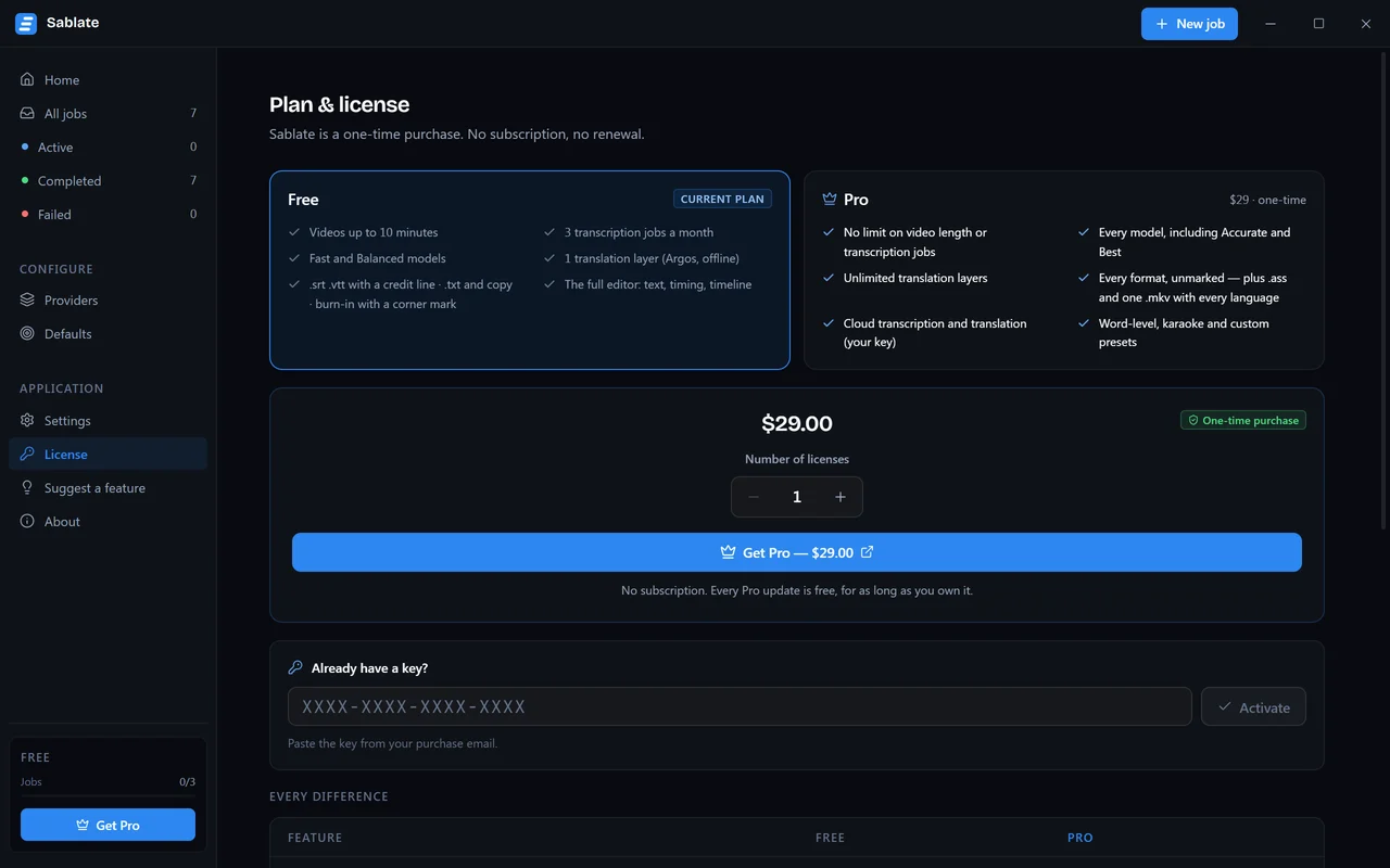 La page de la formule avec une licence Pro active
