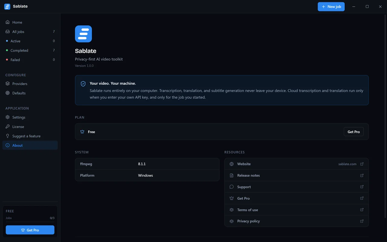 La page About avec la version, les informations système et la déclaration de confidentialité