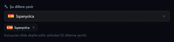 Hedef dil seçicisi, birkaç dil seçilmiş hâlde