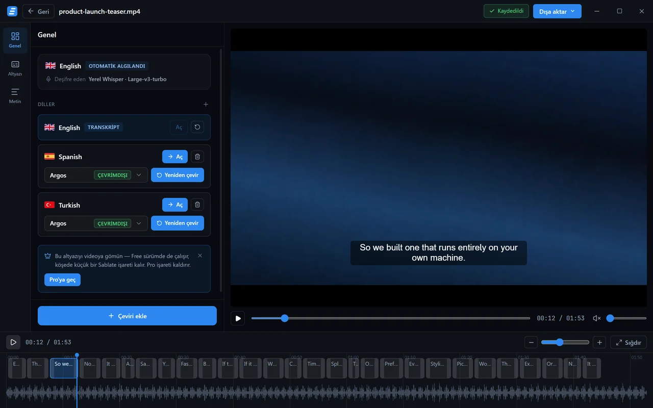 Sablate düzenleyicisi: mod rayı, bağlam paneli, video önizlemesi ve zaman çizelgesi