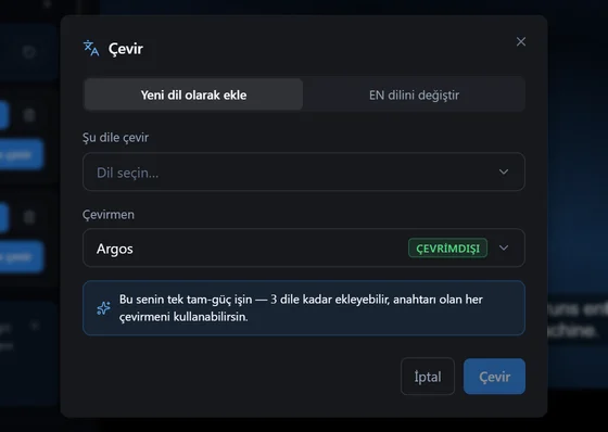 Çeviri ekleme penceresi: dil listesi ve çevirmen seçimi
