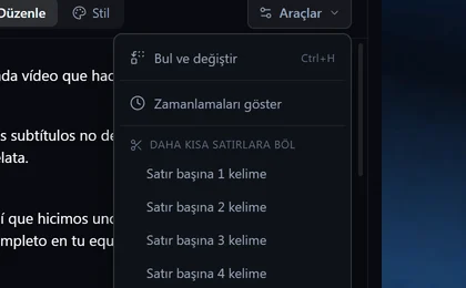 Altyazı düzenleyicisindeki Araçlar menüsü: satır bölme ve içe aktarma seçenekleri