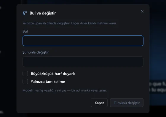 Bul ve değiştir penceresi: büyük/küçük harf duyarlı ve yalnızca tam kelime seçenekleri