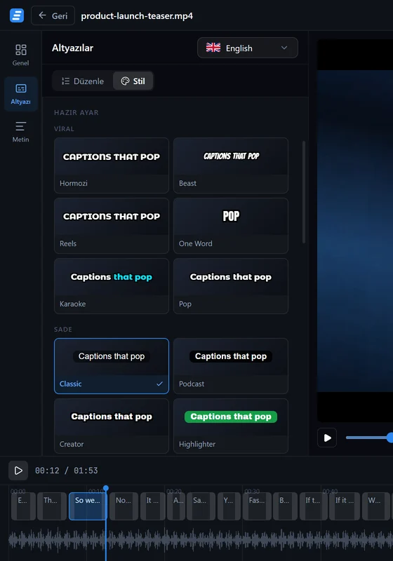 Stil panelinin karaoke bölümü ve vurgu stili seçenekleri