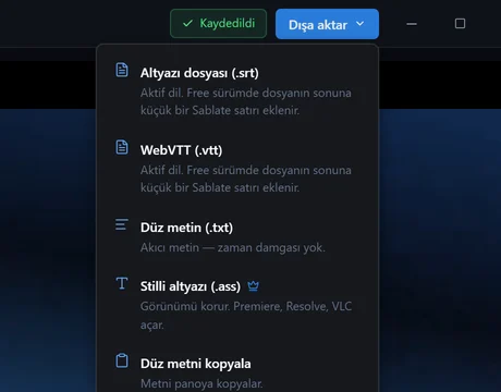 Dışa aktarma menüsü: altyazı biçimleri ve video seçenekleri